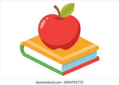 Red apple character on pile of books, apple cartoon, apple vector