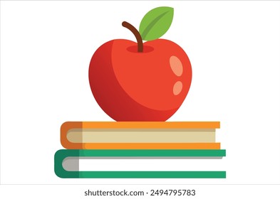 Red apple character on pile of books, apple cartoon, apple vector