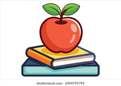 Red apple character on pile of books, apple cartoon, apple vector