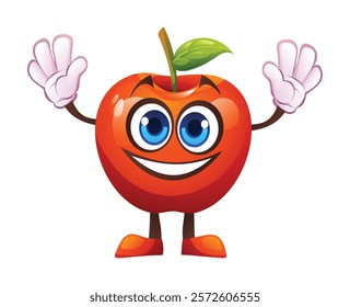 Red apple character raising hands, full of excitement. Vector cartoon illustration