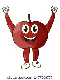 Red Apple Character in trendy Groovy style isolated white background. Abstract Summer fruit. Vector illustration can used logo eco farm. Editable stroke.