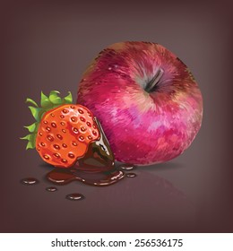 red apple and chocolate covered strawberries vector