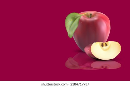 Red apple and copy space on red pastel color background for your text. minimal idea concept, 3D Render.