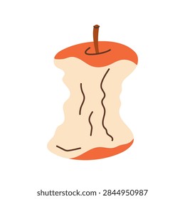 Red apple core bitten fruit, fresh food leftover, eaten organic crop, sweet snack remnant in modern retro flat style for recipe graphic design, food blog clipart and kitchen decor illustration.