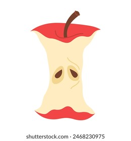 Red  Apple Core. Hand drawn trendy flat style isolated on white. Apple eaten cartoon image art. Healthy vegetarian snack, apple core for design, infographic. Vector illustration