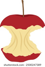 Núcleo de manzana roja aislado sobre fondo blanco, ilustración plana de manzana roja mordida.