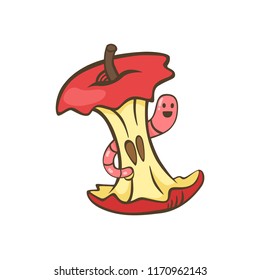 Red apple core with worm cartoon isolated vector. Apple stump with worm vector illustration. 
