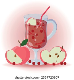 Red apple and cranberry compote in a stemmed glass with a straw