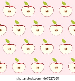 Red apple cut in half with core and seeds. Seamless retro pattern on light pink background. Flat style. Vector illustration.