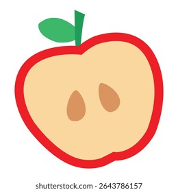 A red apple cut in half with a green leaf is isolated on a white background. This image is a vector illustration of a healthy fruit.