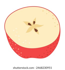 Red apple cut in half. One piece of red fruit with seeds. Apple half icon. Isolated on white. Hand drawn Trendy flat style. Healthy vegetarian snack, cut apple for design. Vector illustration