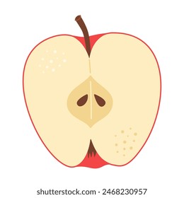 Red apple cut in half. One piece of red fruit with seeds. Apple half icon. Isolated on white. Hand drawn Trendy flat style. Healthy vegetarian snack, cut apple for design. Vector illustration