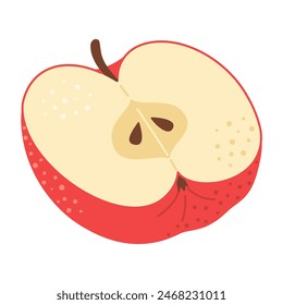 Red apple cut in half. One piece of red fruit with seeds. Apple half icon. Isolated on white. Hand drawn Trendy flat style. Healthy vegetarian snack, cut apple for design. Vector illustration