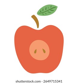 Red apple cut, half, Rosh Hashanah symbol, isolated on transparent. Hand drawn flat vector illustration. Traditional Hebrew New Year clip art, seasonal summer, autumn fruit design element