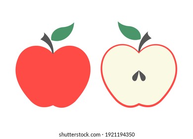 Red apple cut in half. Whole apple with leaf. Flat style illustration. Isolated.