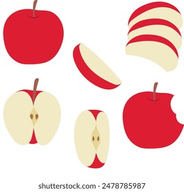 Red apple, cut, slices bite and whole fruit set, isolated vector illustration on white background.
