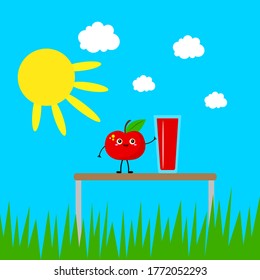 Red apple cute cartoon character and transparent glass with fresh juice food and drink concept