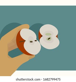 Red apple in a cut.Sliced ​​apple on the board. Hand holding a beautiful apple. Vector illustration.