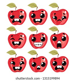 Red apple with different emotions. Set of characters on a white background. Vector illustration in cartoon style.