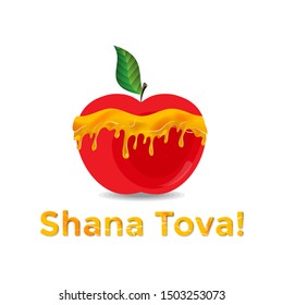 Red apple dipped in amber honey. Honey drops flow over ripe fruit. Jewish New Year ritual food. Shana Tova - Happy and sweet new year in Hebrew. Greeting card for Rosh Hashanah wishes sweet life