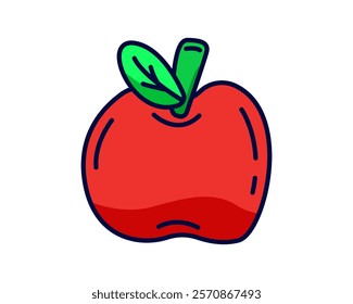 Red apple. Apple doodle cartoon illustration. Apple with green leaves. Vector Illustration