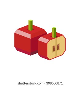 Red apple drawn in isometric view. Cube apple