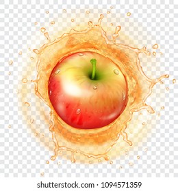 Red apple falling into yellow juice with translucent splash of water crown. Transparency only in vector format