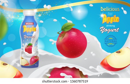 Red apple falling into yogurt splash. Drinking yogurt advertising Vector illustration