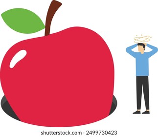 Red apple fell into a pit. Burnout or no idea. Burnout financial and investment growth. Upset business team. Unsuccessful of working together. Flat vector illustration

