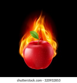 Red apple in the fire. Illustration on black background