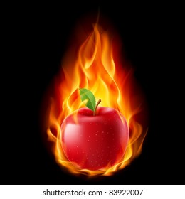 Manzana roja en el fuego. Ilustración sobre fondo negro para el diseño
