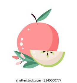 Red apple with a flowering branch on an isolated background. Apple slice with seeds. Vector fruits are drawn in a flat style.