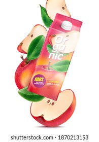 Red apple flying with packaging mock up elements isolated on white background, Vector realistic in 3D illustration.