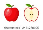 red apple food icon. Green apple fruit whole and half. Summer fruits for healthy lifestyle. Vector illustration in flat style