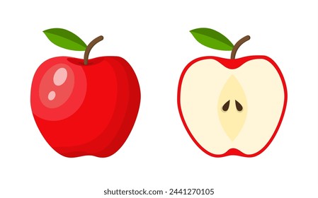 red apple food icon. Green apple fruit whole and half. Summer fruits for healthy lifestyle. Vector illustration in flat style