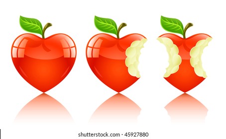 red apple in form of love heart - vector illustration, isolated on white background