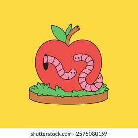 Red apple fruit with 2 worms make a hole in nature green grass base with cartoon hand drawn vector illustration