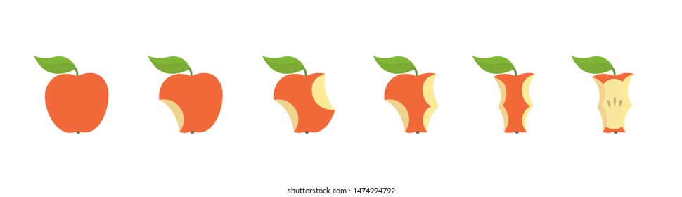 Red apple fruit bite stage set. From whole to apple core gradual decrease. Bitten and eaten. Animation progression. Flat vector illustration.