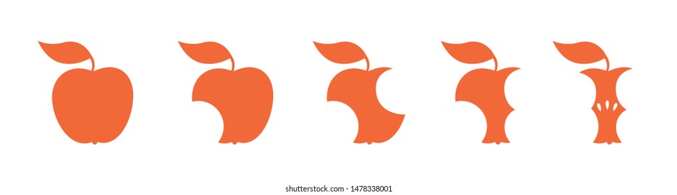 Red apple fruit bite stage set. From whole to apple core. Bitten and eaten. Animation progression. Flat silhouette vector illustration.