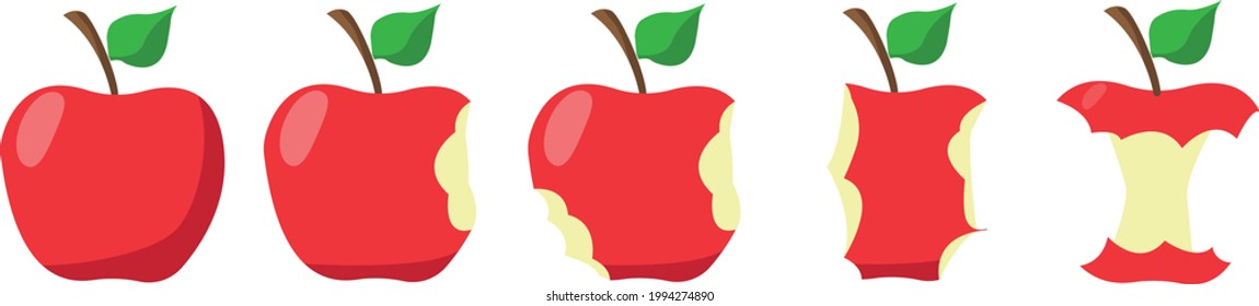 Red apple fruit bite stage set. From whole to apple core gradual decrease. Bitten and eaten. Animation progression. Flat vector illustration