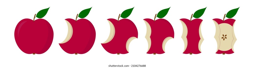 Red apple fruit bite stage set. From whole to apple core. Bitten and eaten. Animation progression. Flat vector illustration on white background