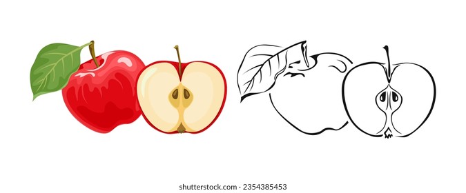 Red apple fruit cartoon illustration and black and white outline.