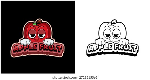 Rote Apfelfrucht Cartoon-Logo mit Text und einem hohen Ausdruck. Volle Farbe und schwarz-weißes Design. Design für Für Aufkleber, Etikett, Abdeckung, Verpackung, Hemd, Geschäft und Produkt. Vektorgrafiken und Illustrationen
