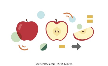 Red apple fruit with a cross section and slice accompanied by abstract circles and a directional navigation arrow.