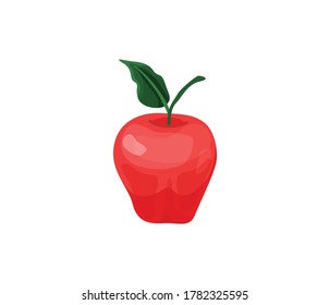 Red apple fruit with green leaf in bright color cartoon flat style isolated on white background. Healthy food vector illustration. Organic meal concept.