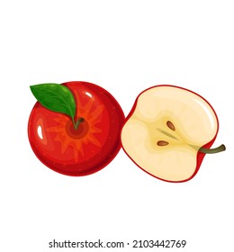 Red apple fruit with green leaf and half apple in cartoon style. Healthy vegetarian food, vector illustration.