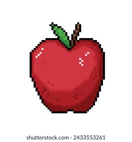Red apple fruit with leaf. Healthy vitamin food diet. Pixel art retro vintage video game bit vector illustration. Simple flat cartoon art styled drawing isolated on square background.