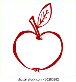 Red apple fruit with leaf icon, vector. Hand drawing
