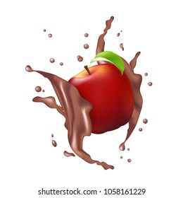 Red Apple Fruit Milk Chocolate Juice Yogurt Splash Illustration Isolated On White. Realistic Packaging Design Template Element. 3d Apple With Leaf Falling. Vector EPS10.