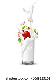 Red Apple fruit milk juice splashing into the glass with swirl. Apple slices falling in the cup. Cream pouring wave yogurt packaging template. Realistic organic fruit dairy product. Vector EPS10.